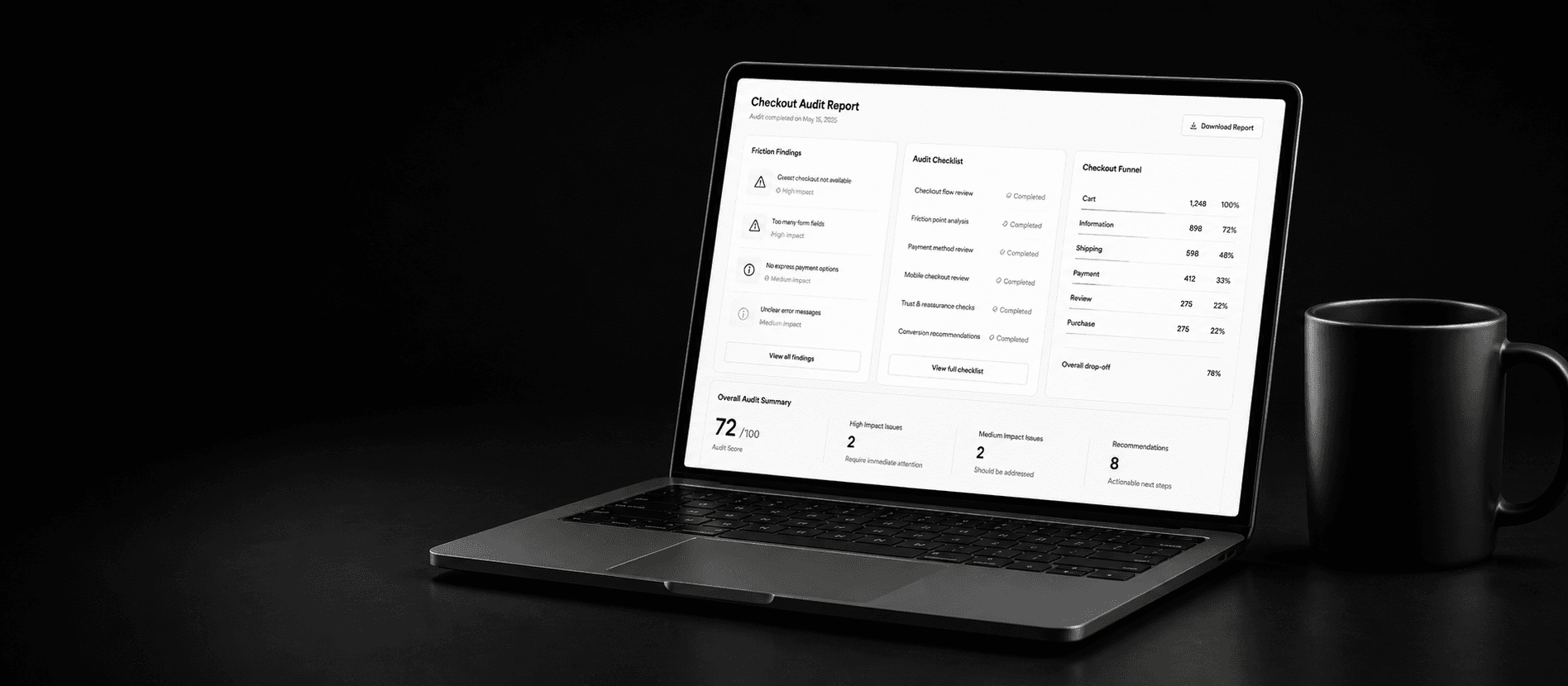Checkout audit report displayed on a laptop