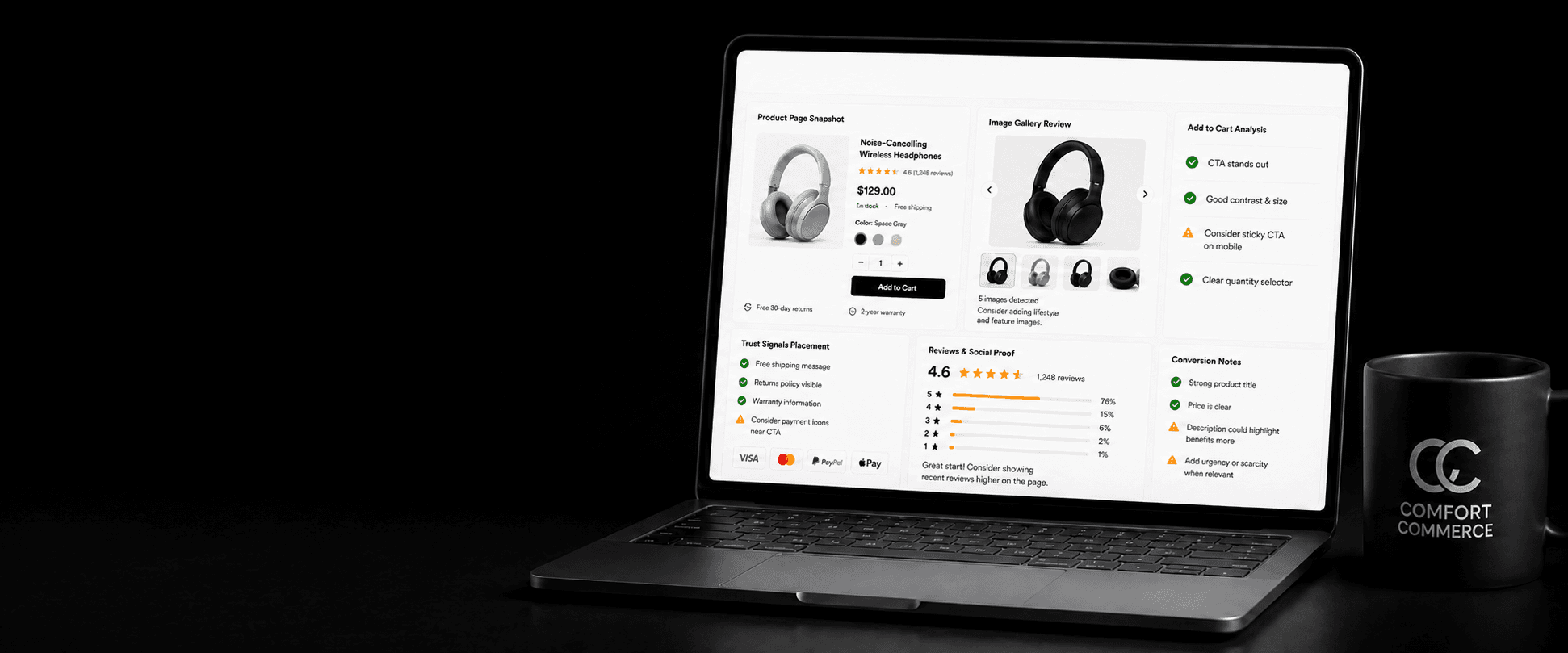 Product Page Audit displayed on a laptop beside a Comfort Commerce mug