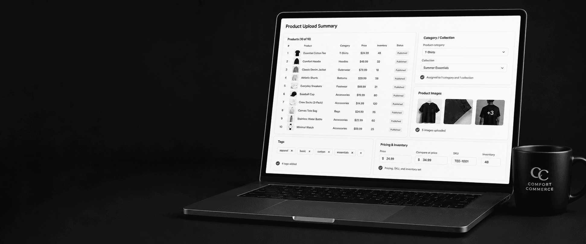 Product upload summary displayed on a laptop beside a Comfort Commerce mug
